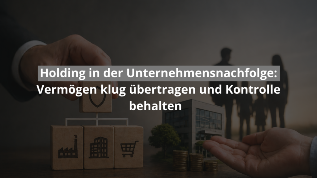 Holding-Struktur für Unternehmensnachfolge mit Holzbausteinen und Münzen